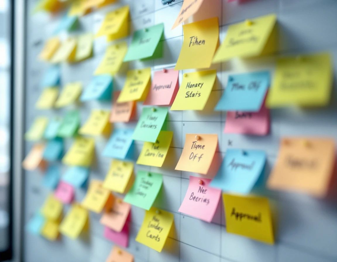 Physical whiteboard with colorful sticky notes arranged in a time-off scheduling system during holiday season