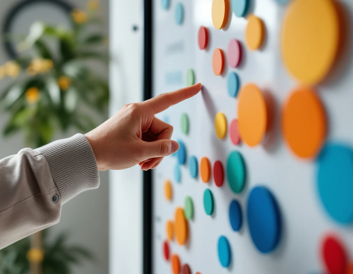 Hand pointing at colorful circular markers on an abstract scheduling board in a professional office setting