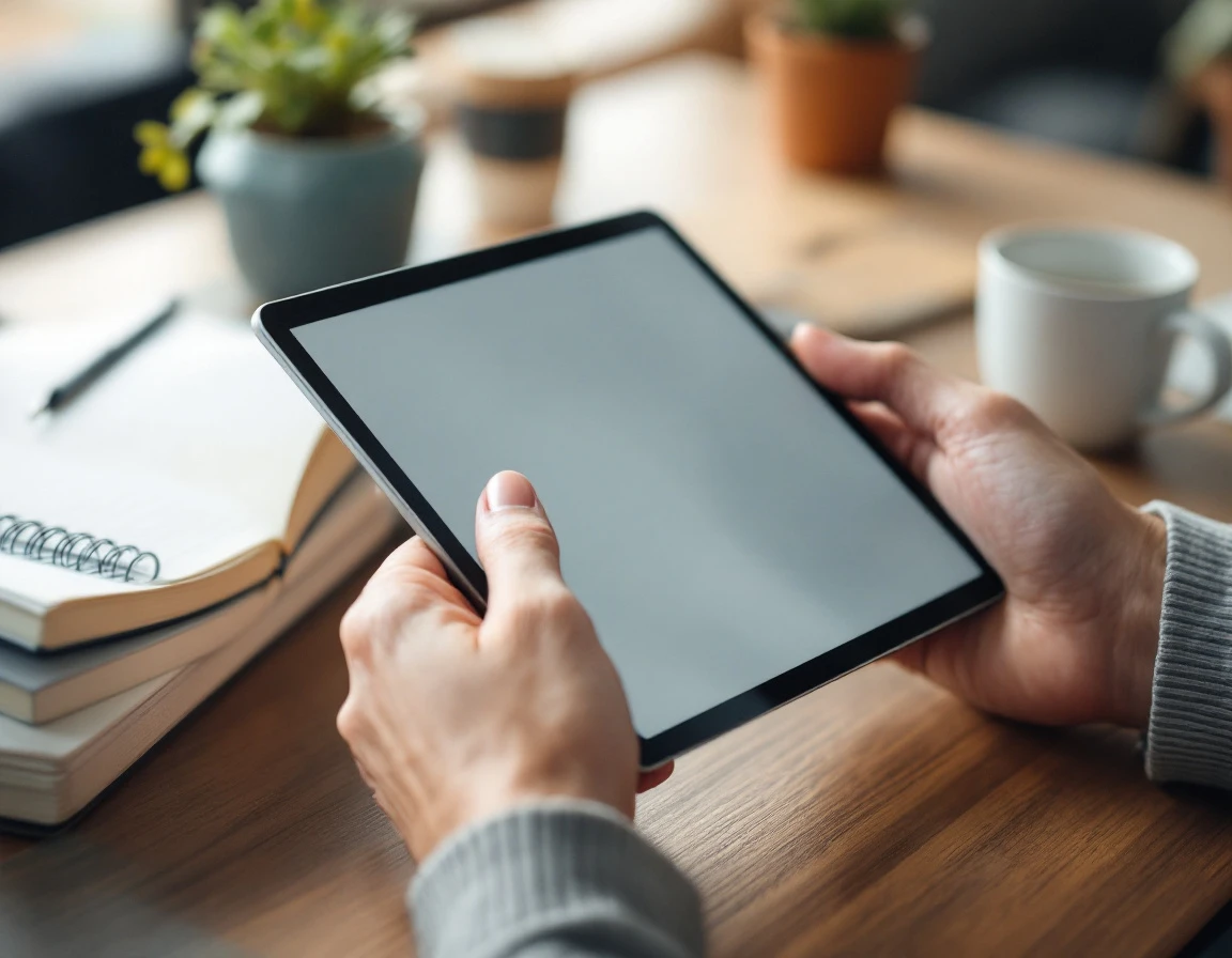 Professional hands holding tablet device at office desk with natural lighting and workspace background