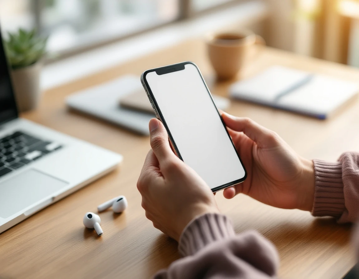 Hands holding smartphone on wooden desk with coffee mug in soft natural lighting