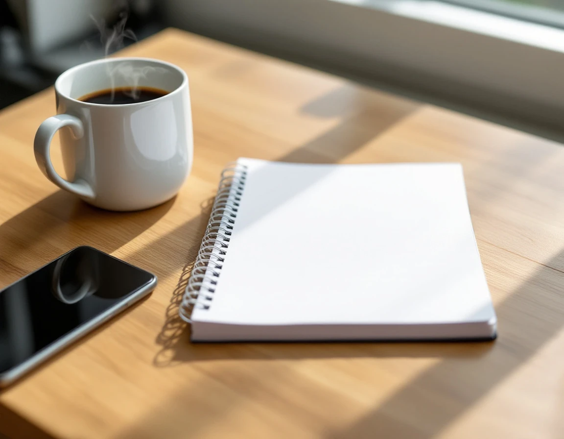 Blank notebook page on wooden desk with coffee, smartphone, and pen in natural morning light