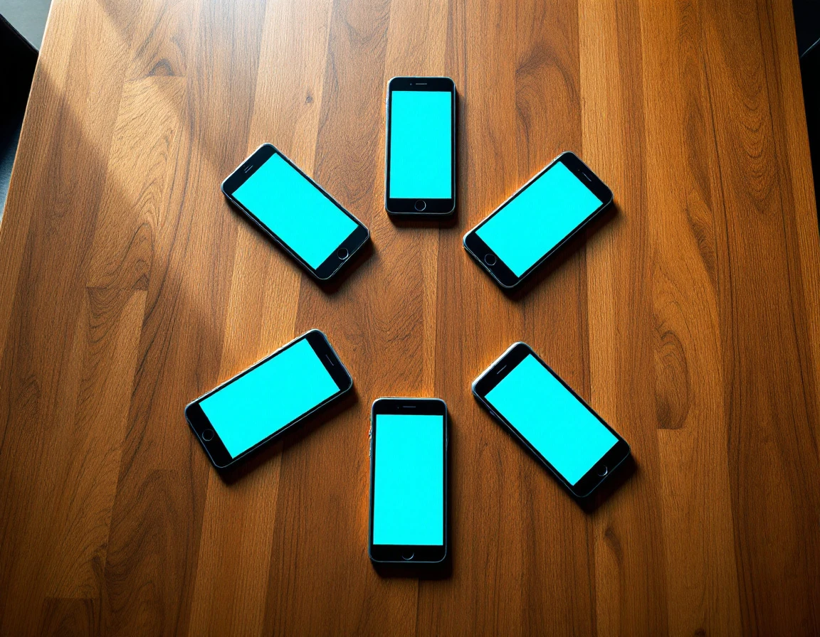 Mobile devices arranged in circular pattern demonstrating interconnected team learning pathways