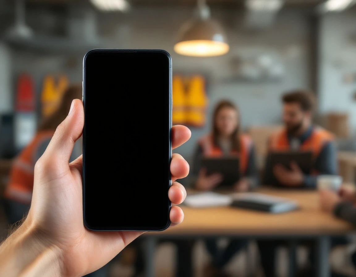 Smartphone with blank screen held during frontline team collaboration in warehouse setting