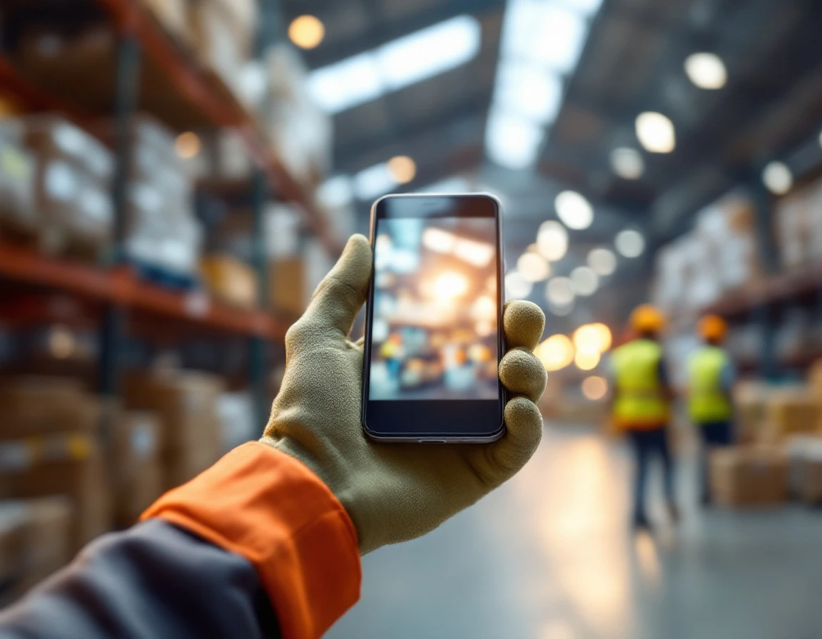 Warehouse worker holding mobile device in logistics facility with blurred screen and safety equipment visible