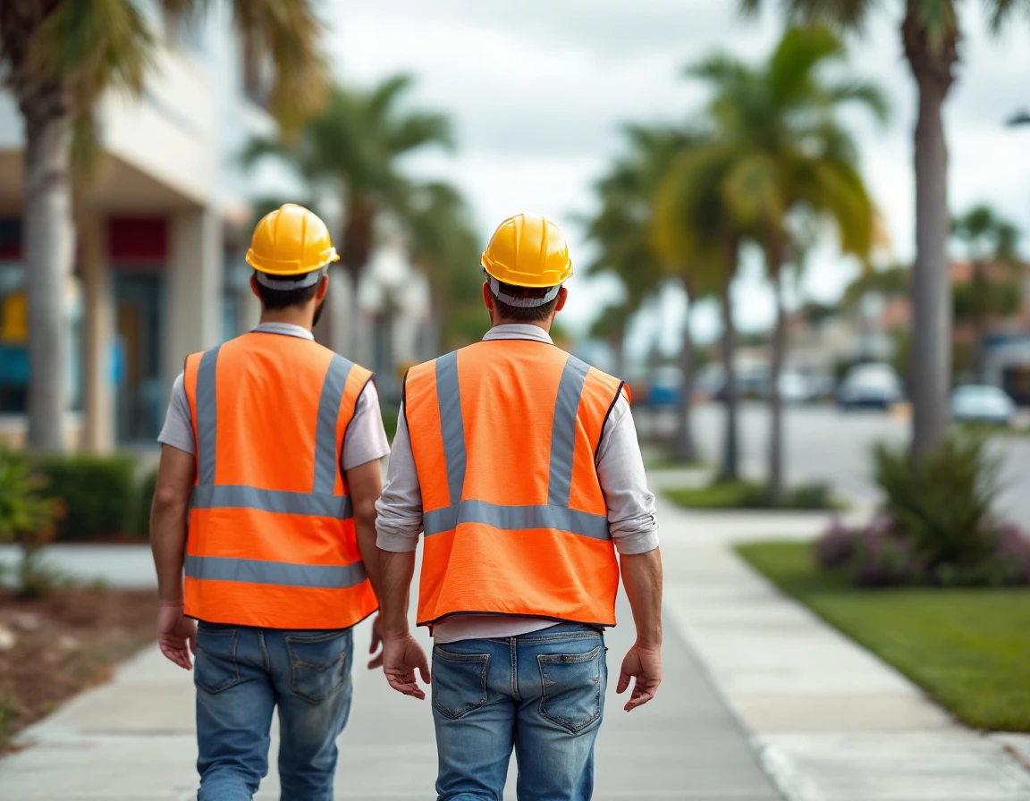 Construction workers in safety vests walking along suburban street with palm trees in background
