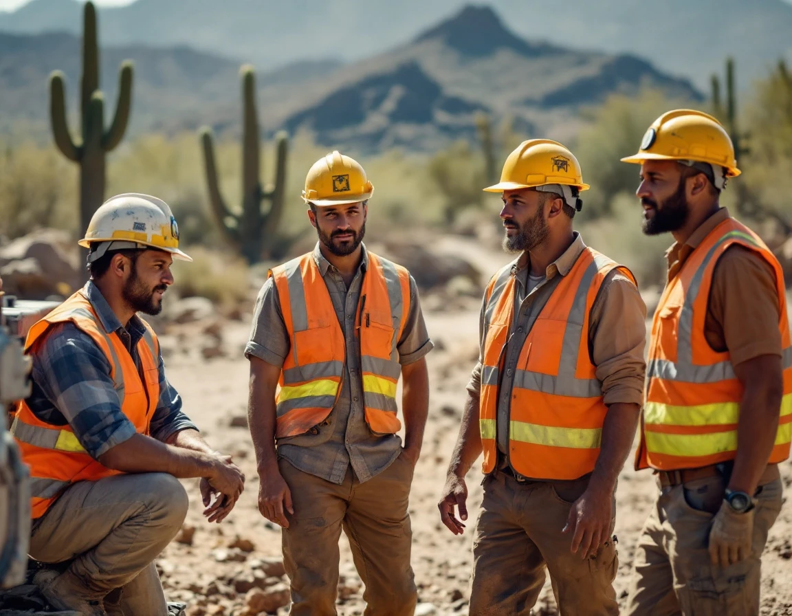 Construction workers in desert heat conditions being monitored for safety and heat-related wellness concerns