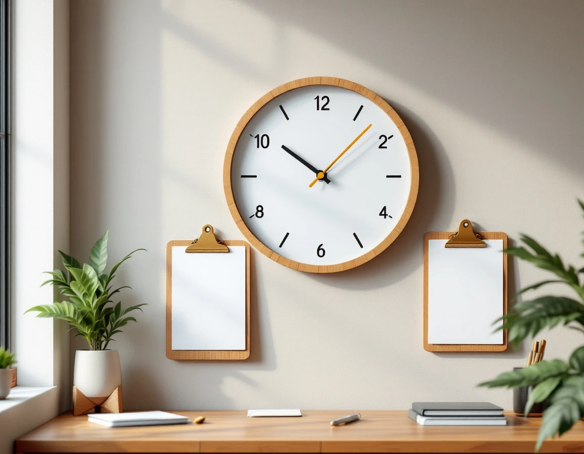 Wooden-framed wall clock and blank clipboards in organized office workspace