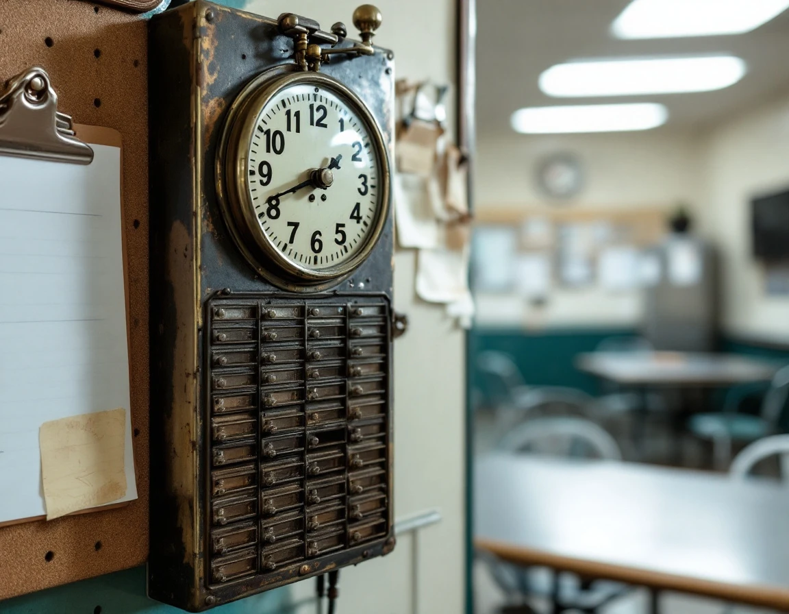 Time clock and empty timecard rack in workplace break room for documenting employee shift hours