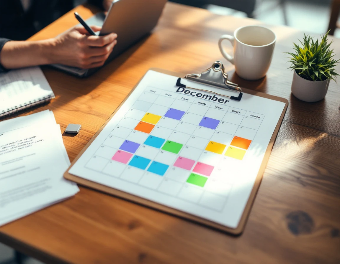 Desk with holiday shift calendar and scheduling materials for workforce planning
