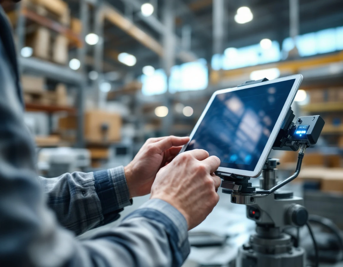 Worker using tablet integrated with warehouse equipment showing digital tools supporting frontline operations