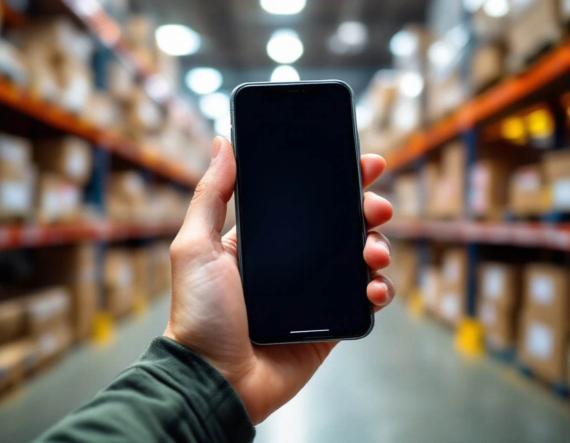 Frontline worker holding smartphone with task guidance app in warehouse setting