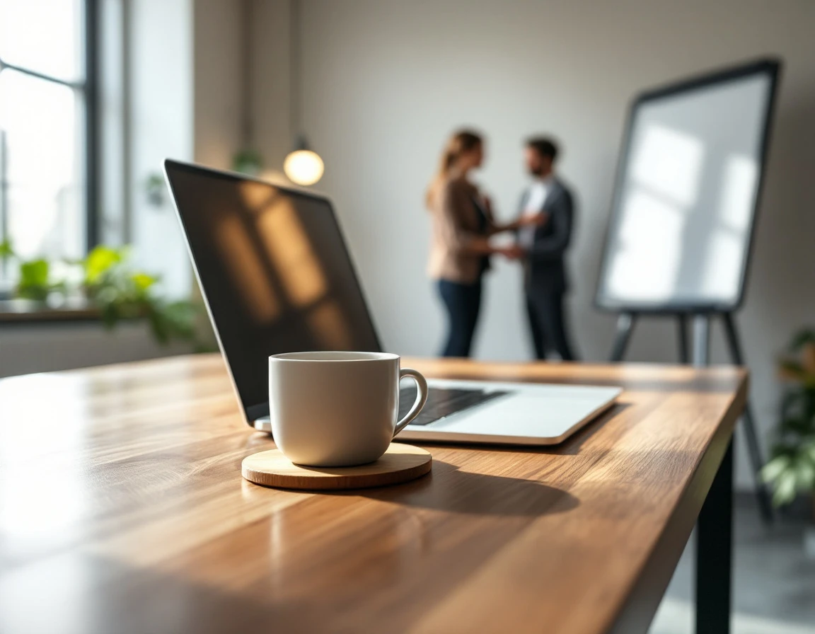 Modern office workspace with laptop and collaboration happening in background