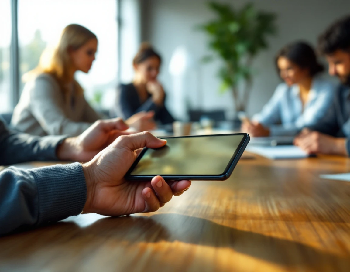 Close-up of hands holding smartphone during team meeting in modern office environment