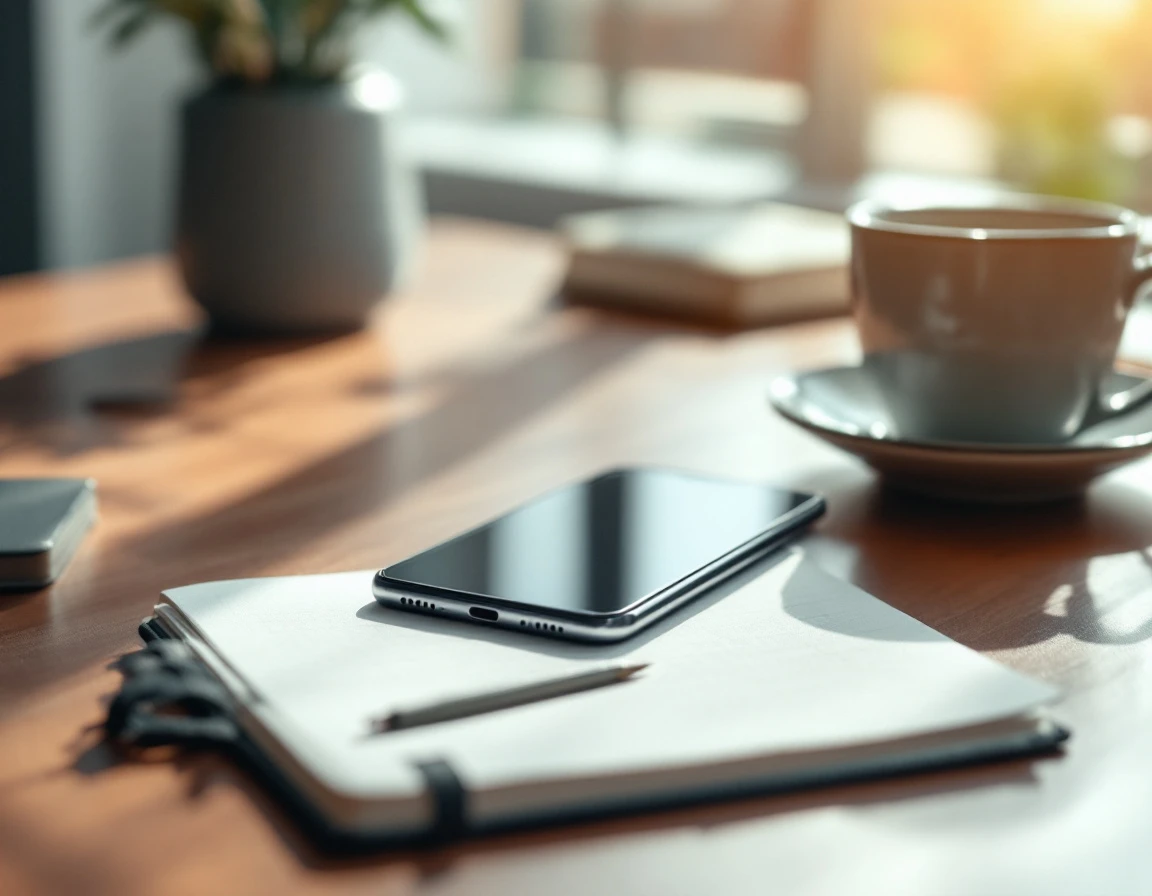 Smartphone and notebook on wooden desk with natural lighting suggesting modern workplace communication
