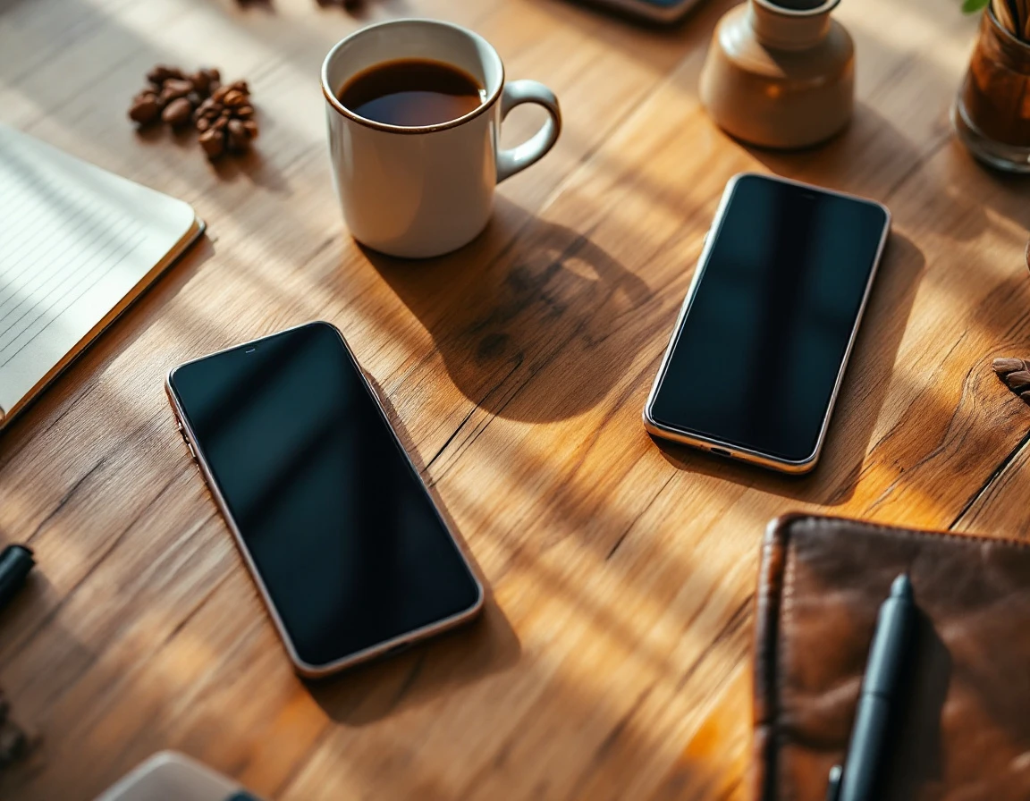 Two smartphones on wooden desk with coffee mug and notebook in professional office workspace