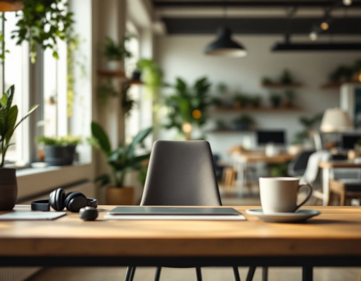 Modern workspace desk with laptop, headphones, and coffee mug in natural lighting