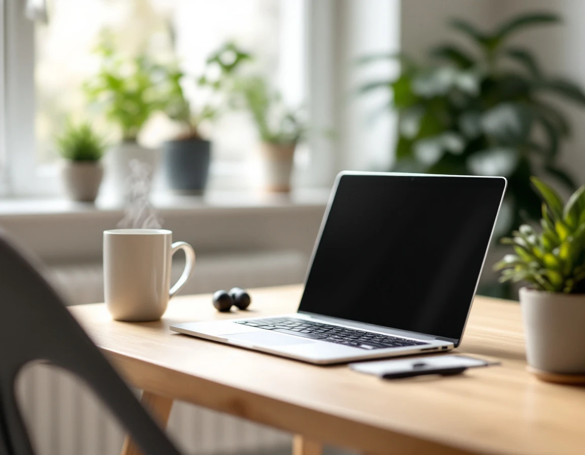 Clean minimalist desk with closed laptop, coffee mug, and earbuds in natural window lighting
