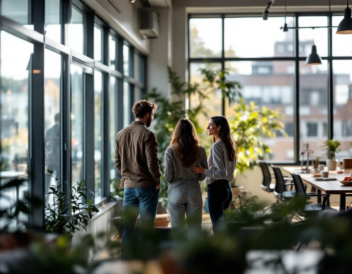 Team members in casual office huddle with natural lighting and open workspace design promoting psychological safety