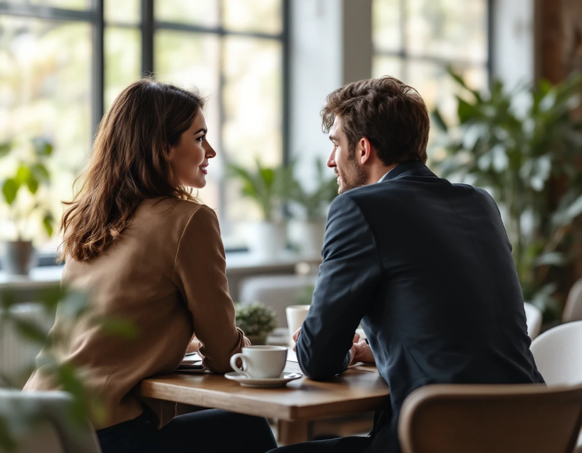 Two colleagues in attentive conversation at office table showing engaged listening body language