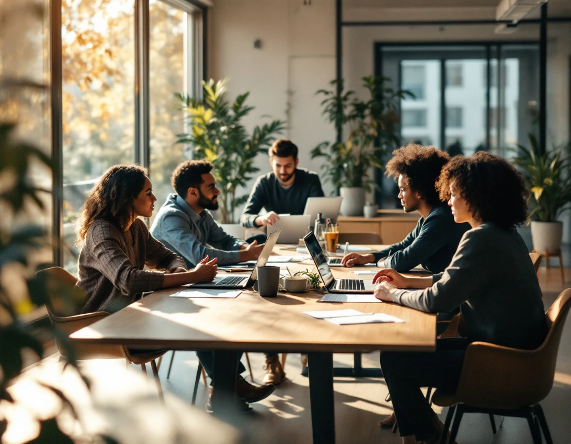 Team meeting around conference table with natural lighting and collaborative discussion atmosphere