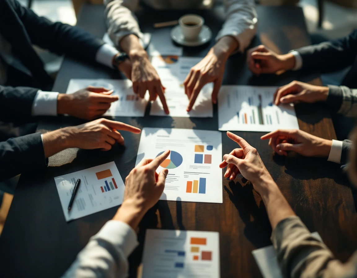 Business meeting hands gesturing over blurred scheduling worksheets on conference table