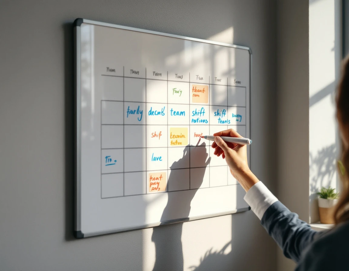 Hand pointing to team scheduling board with color-coded calendar grids in natural office lighting