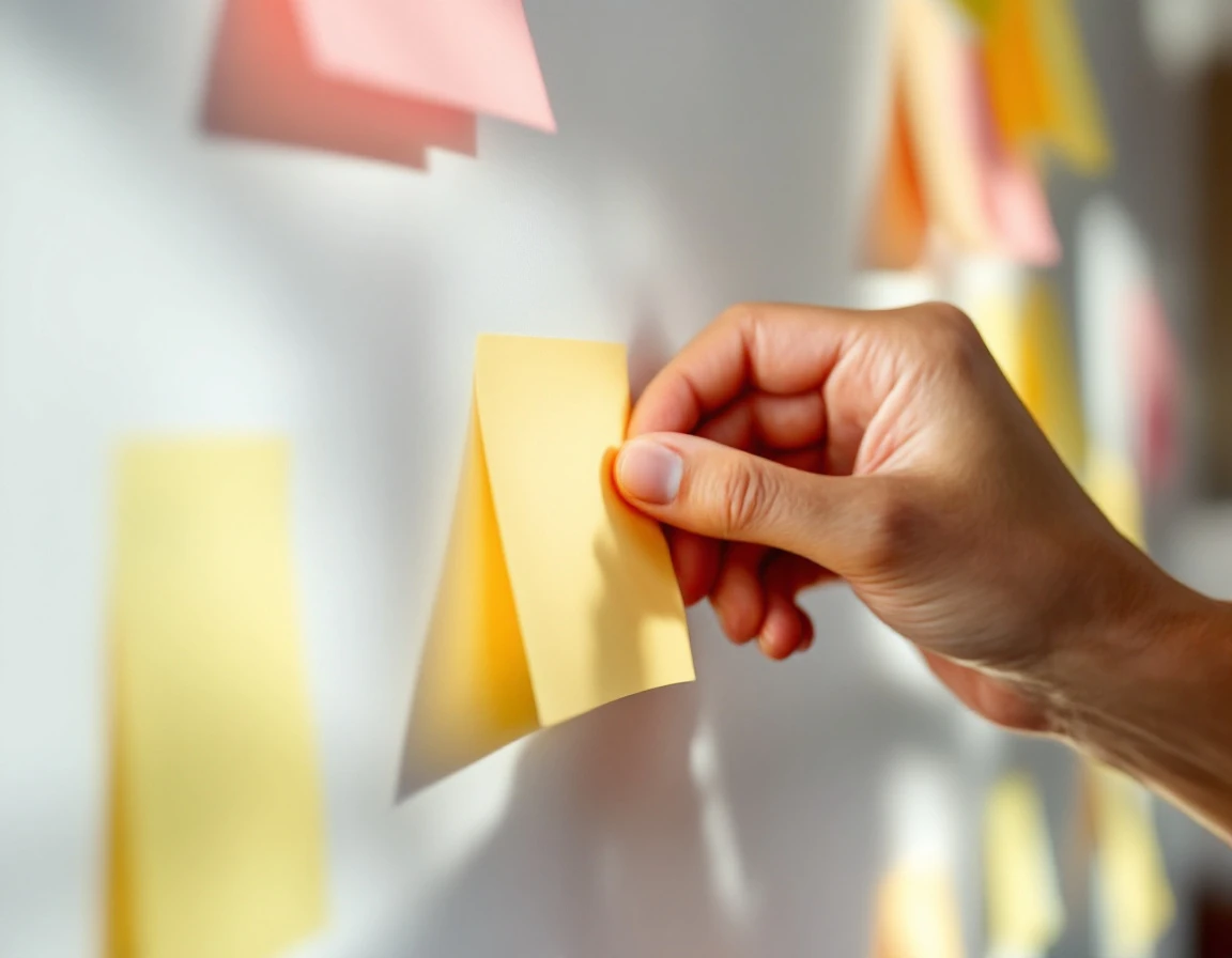 Hand placing sticky note on wall during team planning session to establish communication rhythms