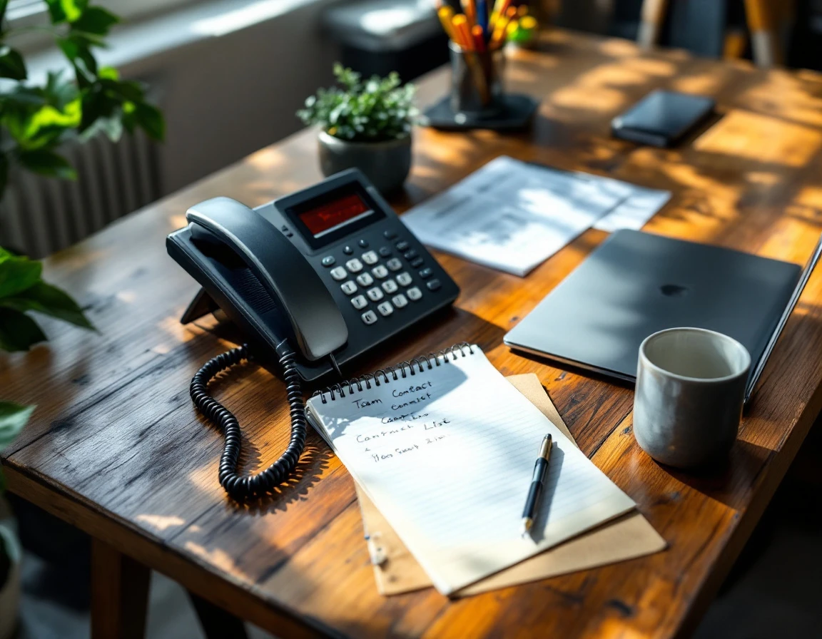 Manager's desk with office phone, laptop, notebook, and communication tools arranged for Q4 planning