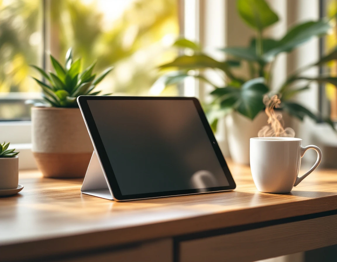 Modern workspace desk with tablet, coffee, and plants in natural morning light