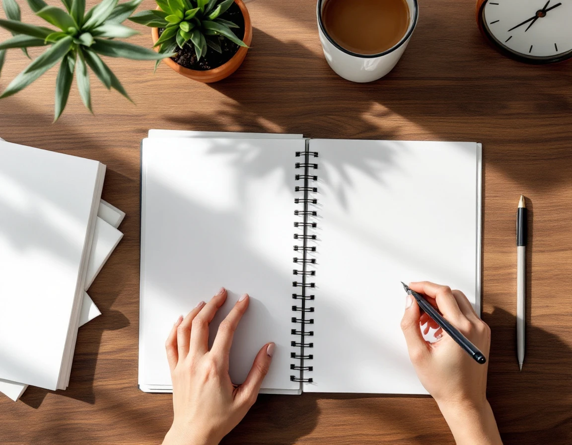 Overhead view of organized desk with blank planner, coffee cup, and hand preparing to schedule Q4 routines