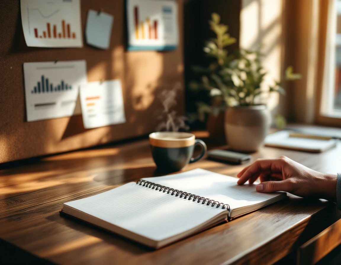 Organized workspace with planning materials on wooden desk, coffee cup, and blurred scheduling elements
