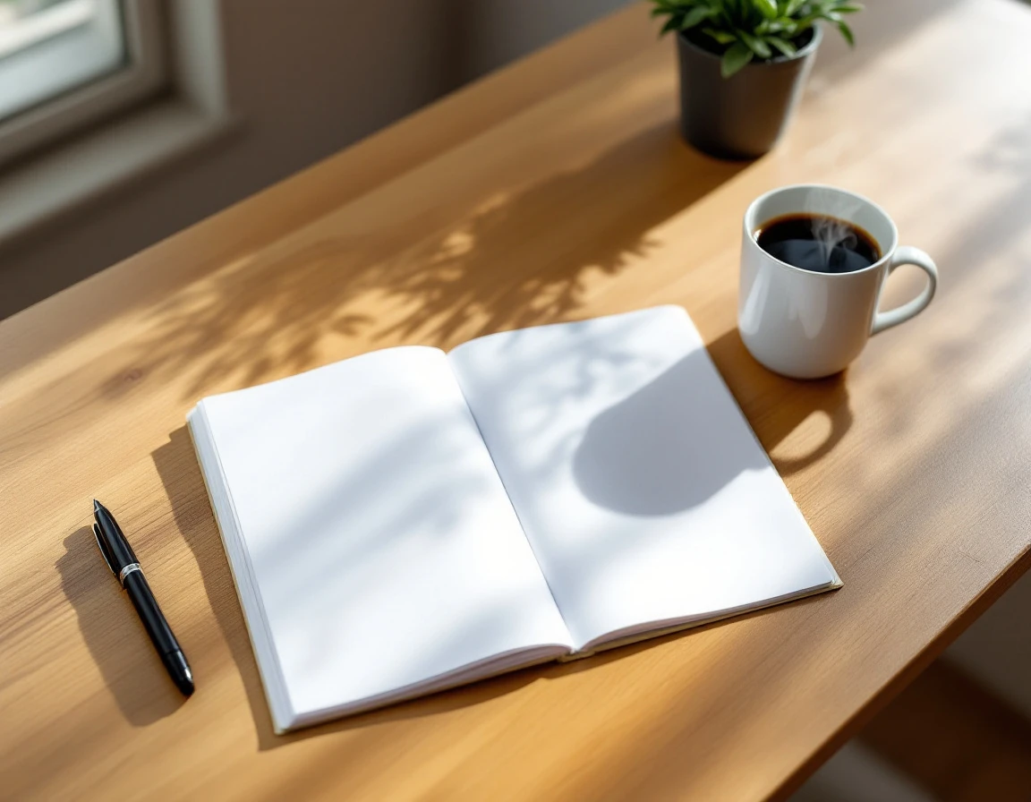 Organized wooden desk with open blank planner, coffee mug, and minimal accessories in natural window light