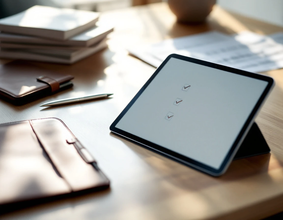 Tablet displaying compliance checklist on modern office desk with organized documents and professional materials