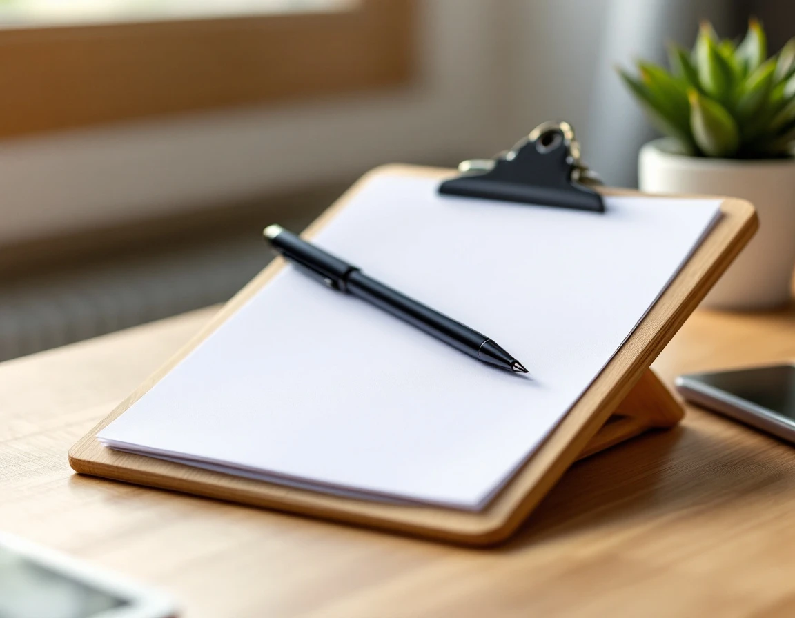 Empty clipboard with pen on wooden desk ready for employee availability audit