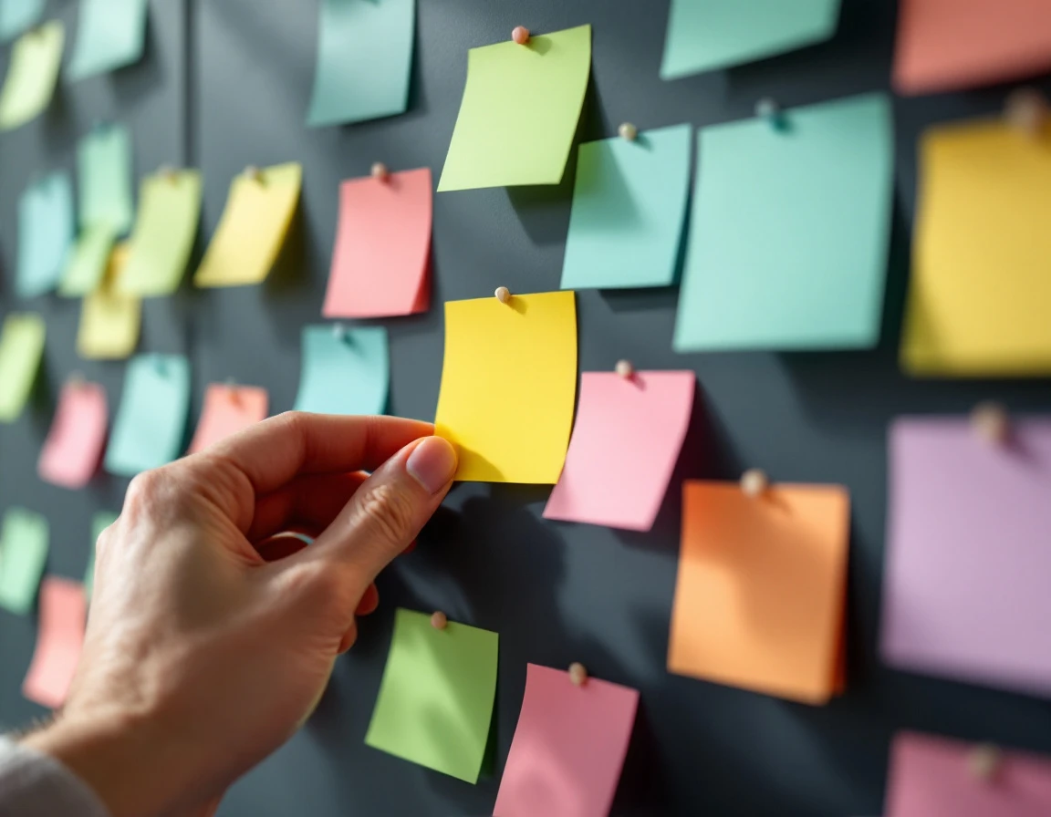 Hand placing colorful blank sticky notes on dark board to organize shift coverage patterns
