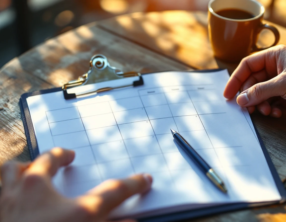 Overhead view of desk with blank scheduling papers on clipboard, coffee mug, and pen in morning sunlight