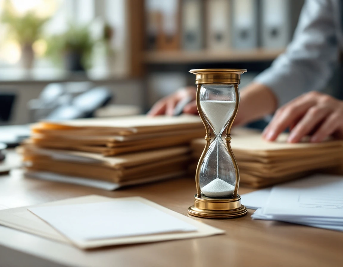 Sand timer and compliance documents on office desk with hands organizing paperwork