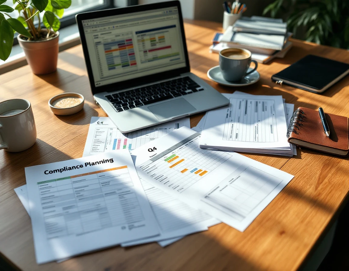 Organized desk workspace with compliance planning materials and laptop for Q4 preparation