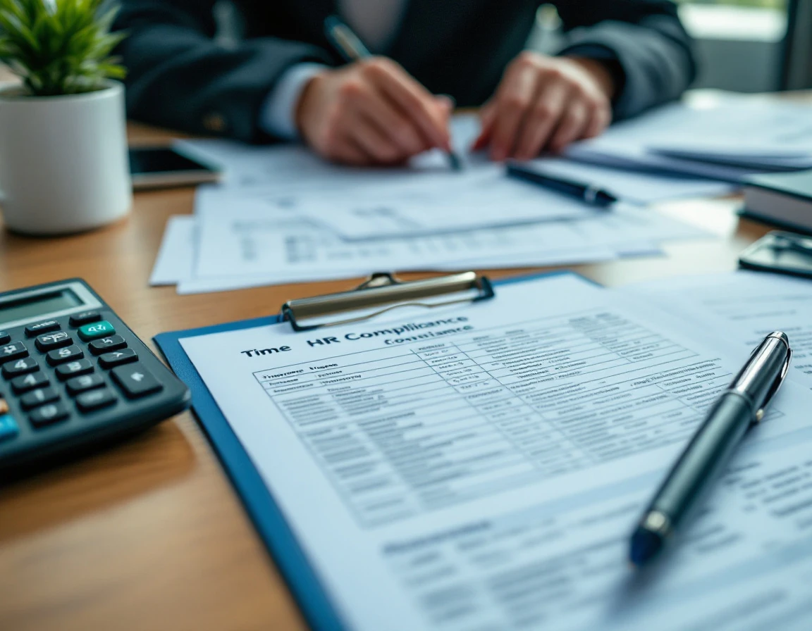 Hands reviewing compliance documents with calculator and timesheet clipboard on office desk