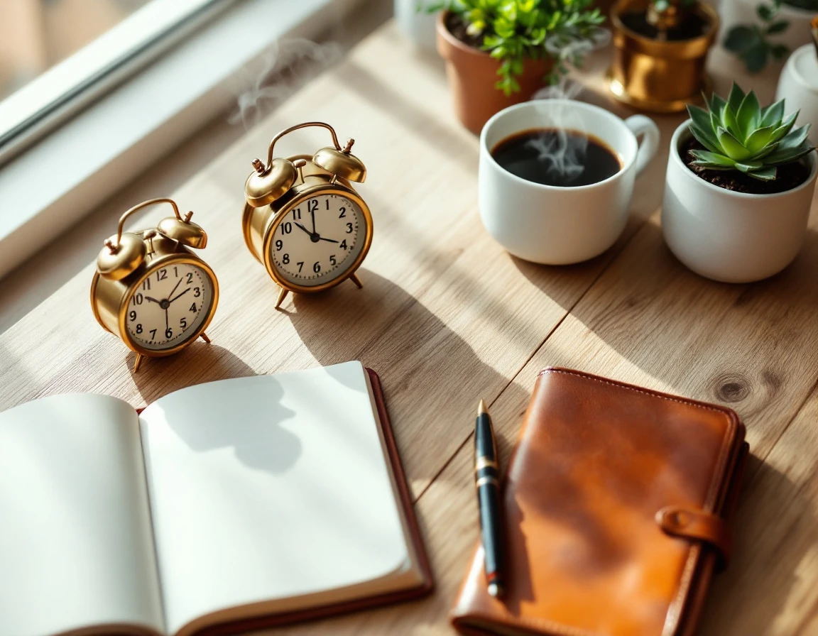 Desk workspace with alarm clocks, coffee, and planner for time management and policy planning