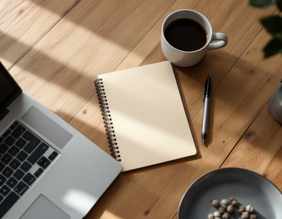 Minimalist desk workspace with laptop, blank notepad, pen, and coffee mug in natural morning light