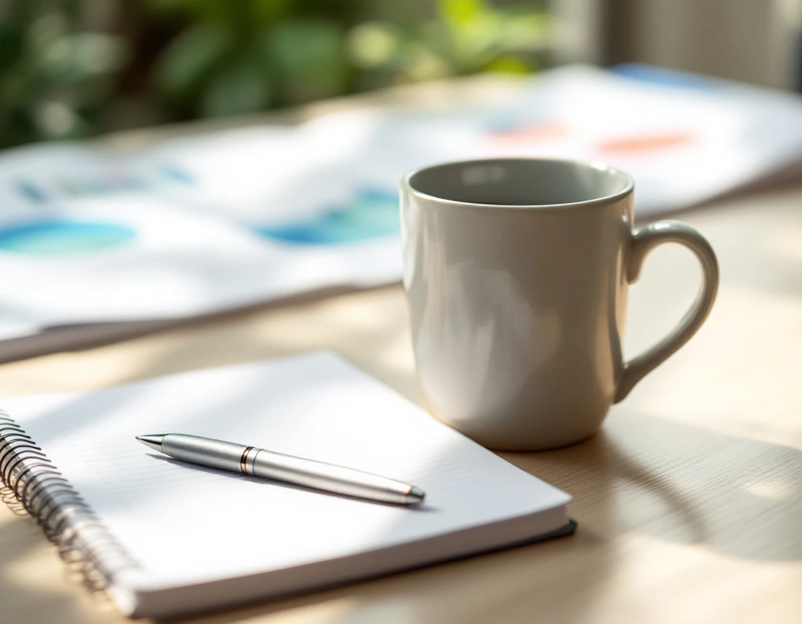 Coffee mug and planner on clean desk with natural light, workspace ready for PTO policy planning