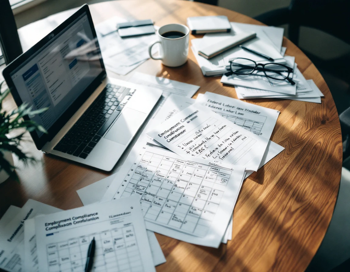Manager's desk with employment scheduling documents and compliance materials spread across workspace