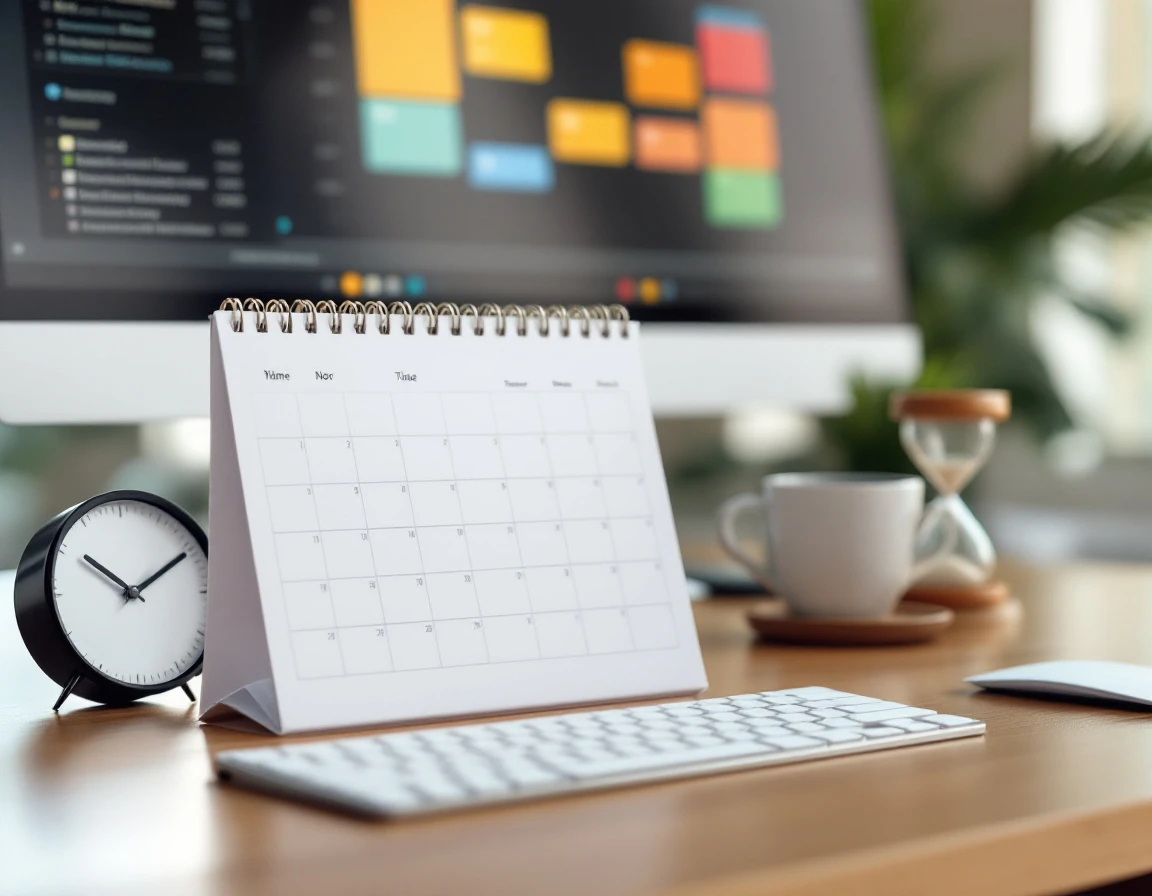 Minimalist desk workspace with blank calendar, hourglass, and coffee mug for holiday time-off planning
