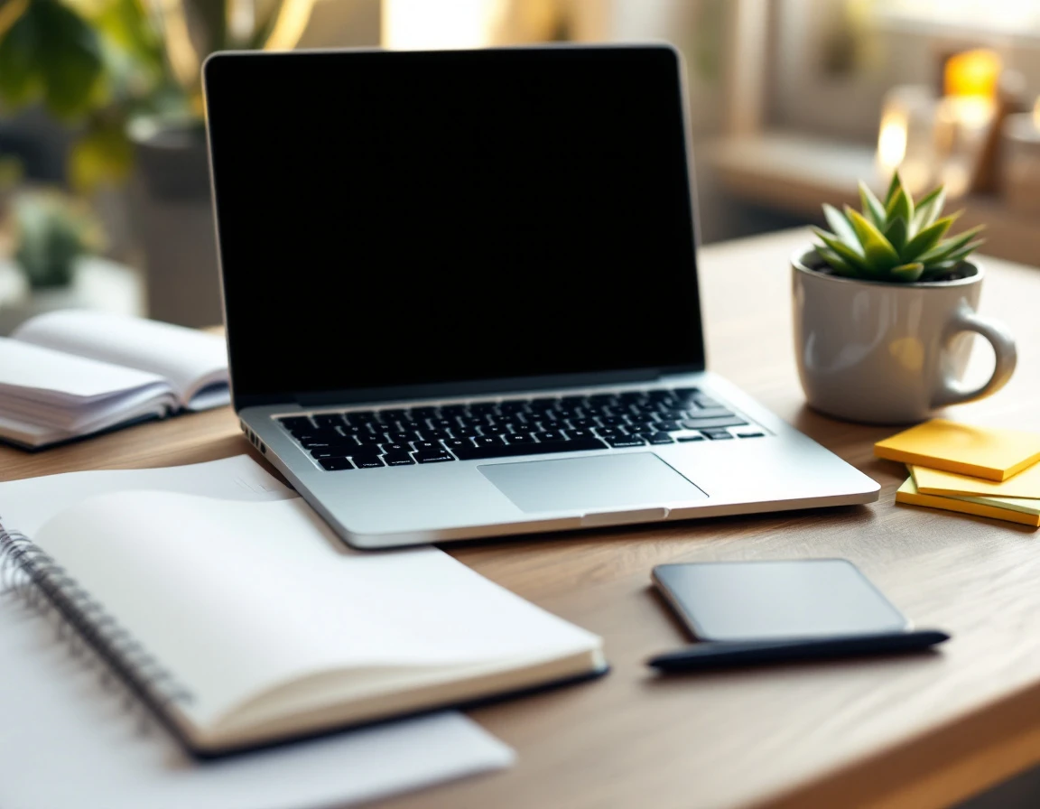 Clean workspace desk with closed laptop, coffee mug, plant, and blank planning materials in natural light