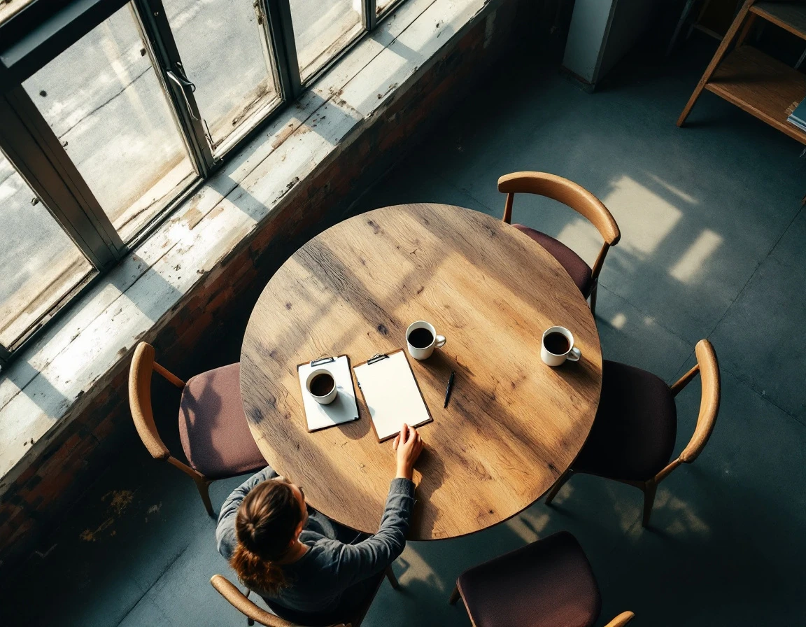 Meeting table with coffee mugs arranged in circle suggesting team dialogue and feedback exchange