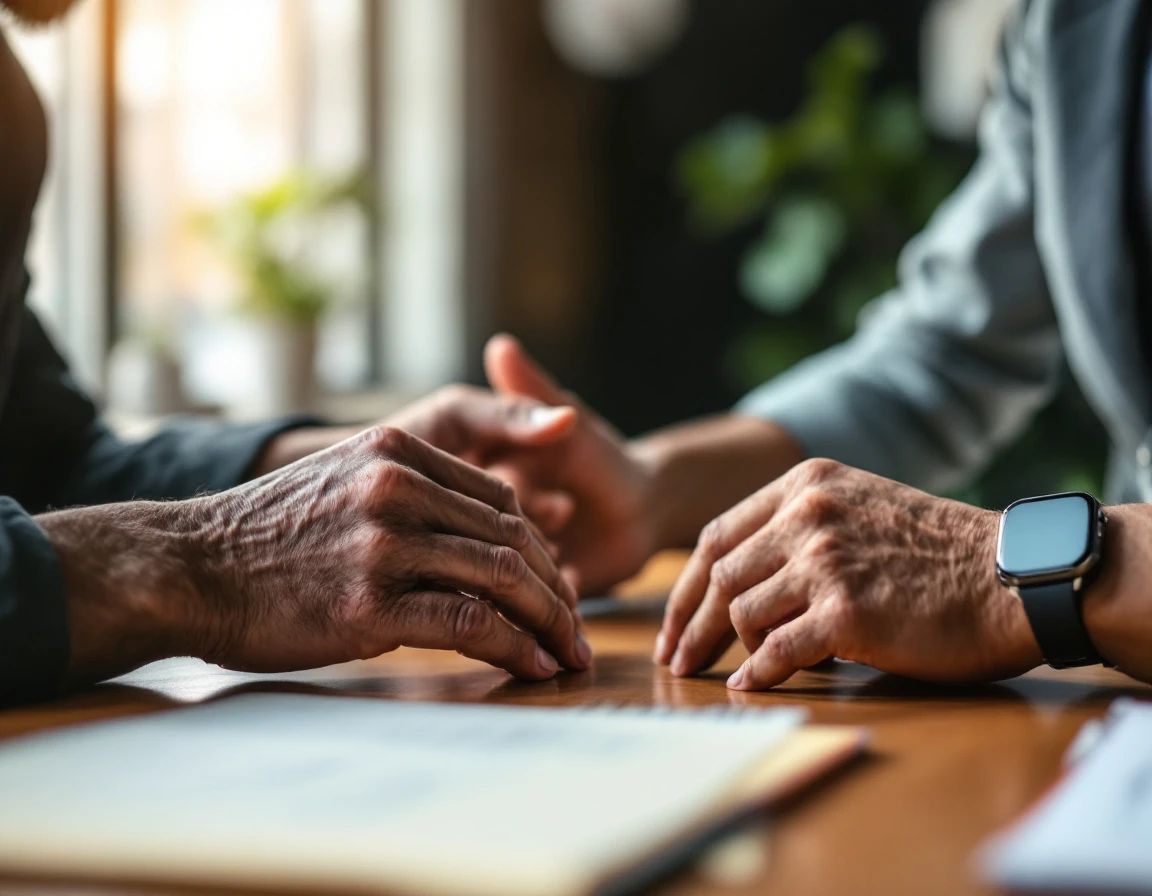 Hands of different generations collaborating together over a shared workspace table