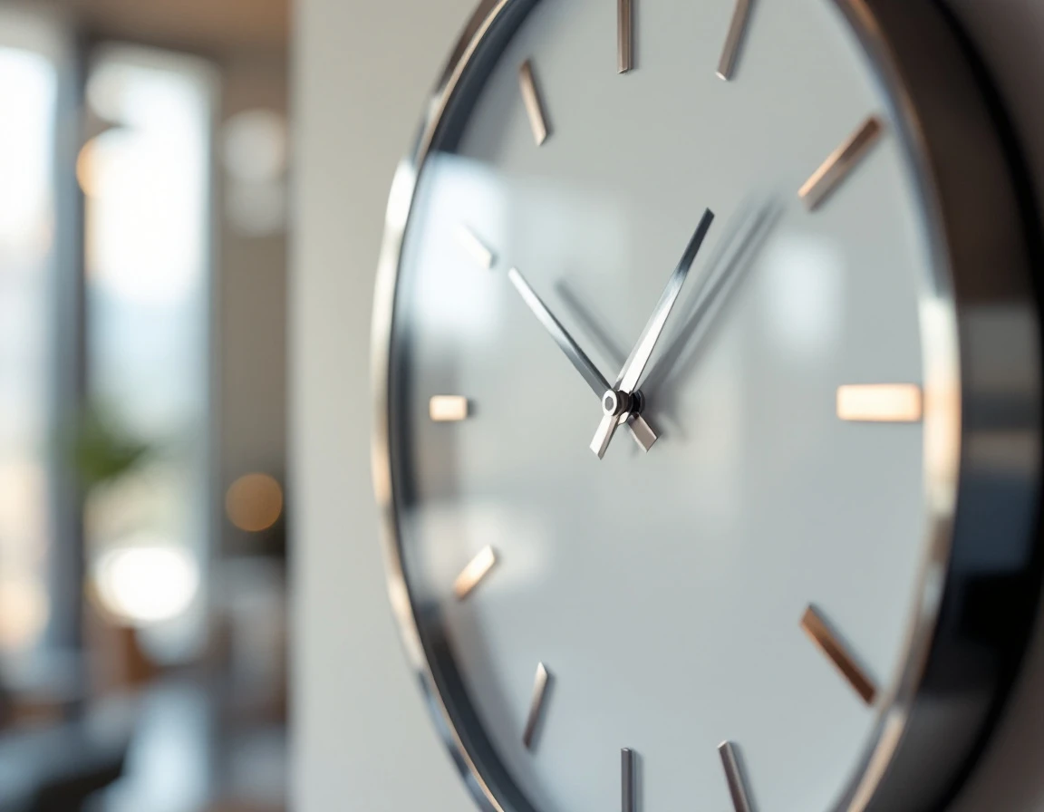 Minimalist analog clock with line markers in professional office lighting