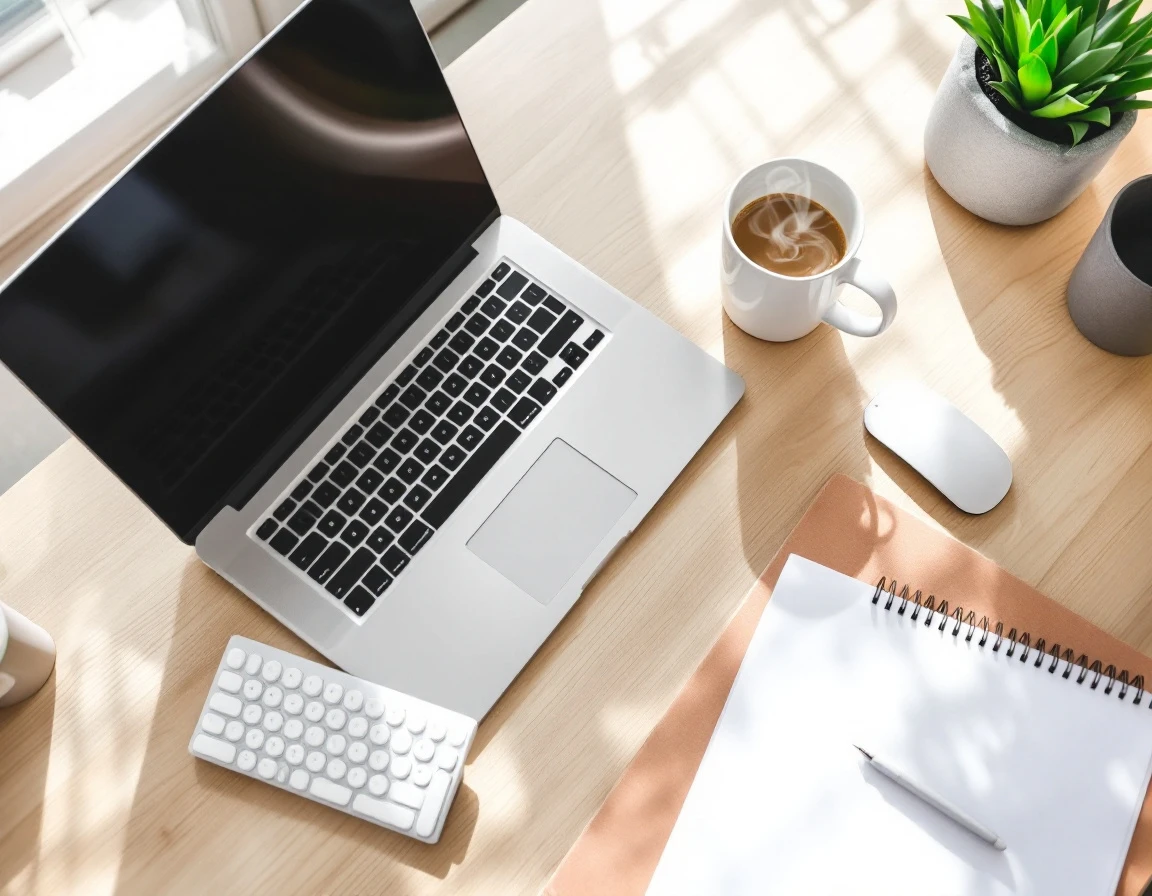 Clean organized desk workspace with laptop and coffee representing compliant digital workforce management