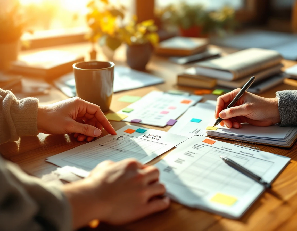 Hands arranging goal-tracking sheets and planning materials on an office desk with coffee and notebooks